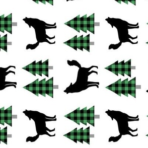 Wolf and Pine Trees (kelly green / black plaid) rotated