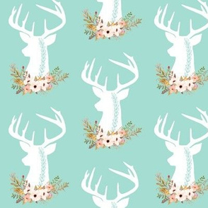 Deer + Flowers (mint) – Floral White Deer Woodland Baby Girl Nursery Bedding Crib Sheets Blanket
