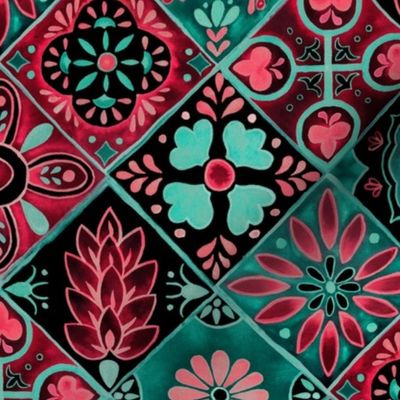 Watercolor Talavera Tiles- Pink and Green // spanish mexican ceramic diamond floral tile neon green mint emerald rose pink black fabric