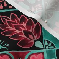 Watercolor Talavera Tiles- Pink and Green // spanish mexican ceramic diamond floral tile neon green mint emerald rose pink black fabric