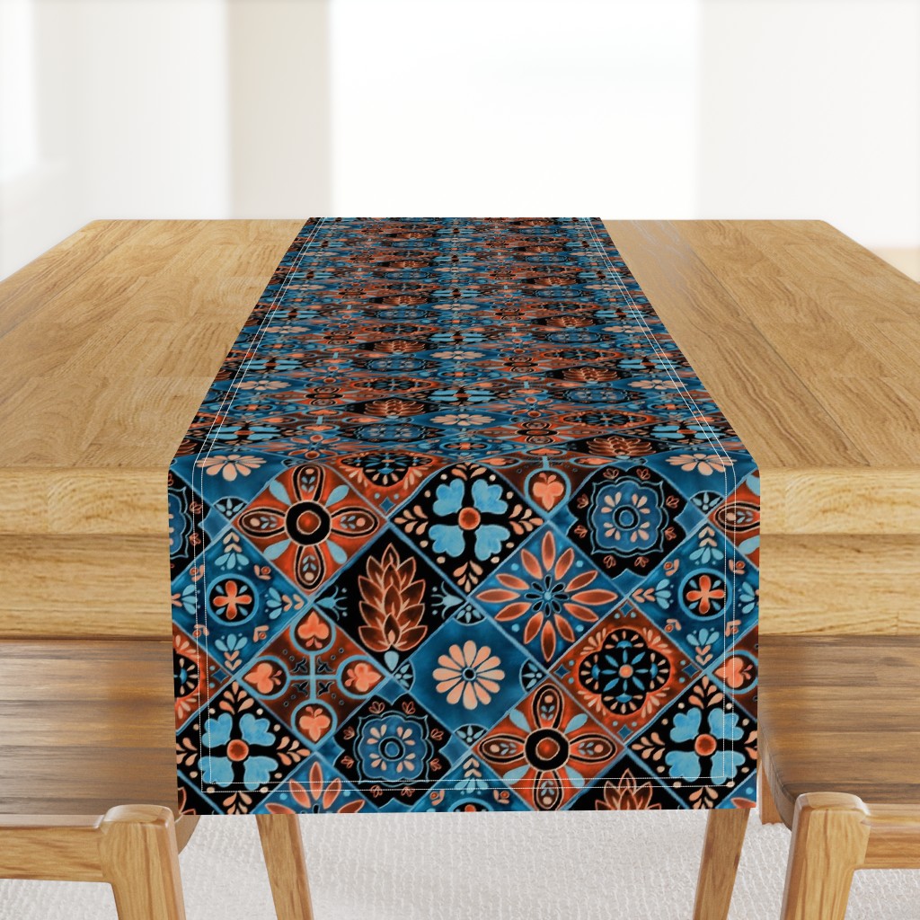 Watercolor Talavera Tiles- Blue and Orange // spanish mexican ceramic diamond floral tile neon blue orange black fabric