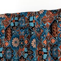 Watercolor Talavera Tiles- Blue and Orange // spanish mexican ceramic diamond floral tile neon blue orange black fabric