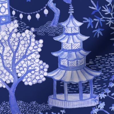 Pagoda Landscape on Indigo Blues