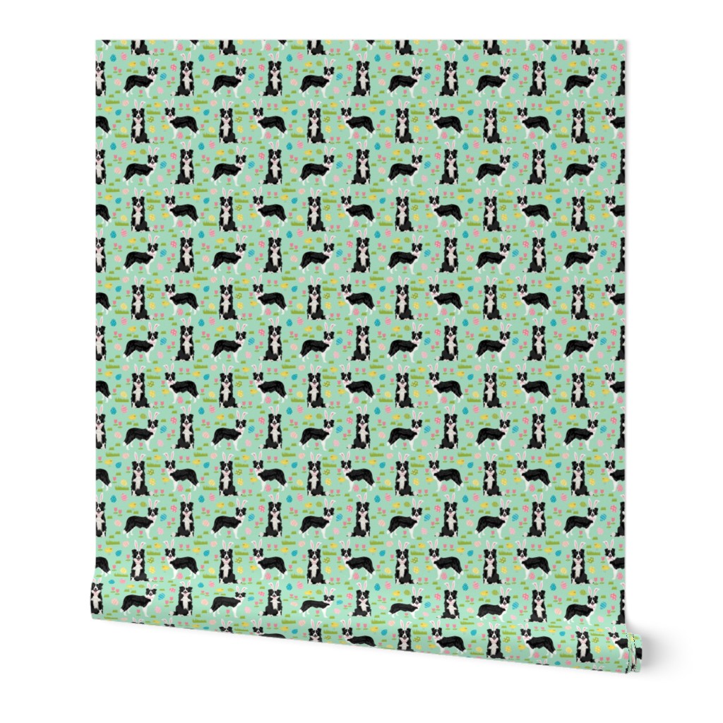 border collie spring fabric easter - mixed coats easter egg hunt, pastel, spring dogs - mint