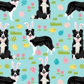 border collie spring fabric easter - easter egg hunt, pastel, spring dogs - blue