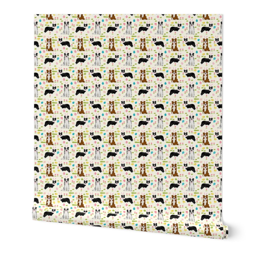 border collie spring fabric easter - mixed coats easter egg hunt, pastel, spring dogs - cream
