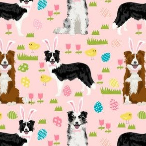 border collie spring fabric easter - mixed coats easter egg hunt, pastel, spring dogs - pink