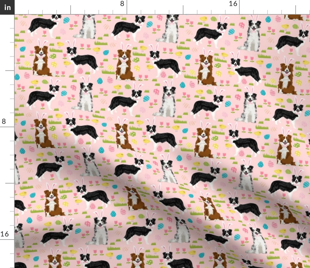 border collie spring fabric easter - mixed coats easter egg hunt, pastel, spring dogs - pink