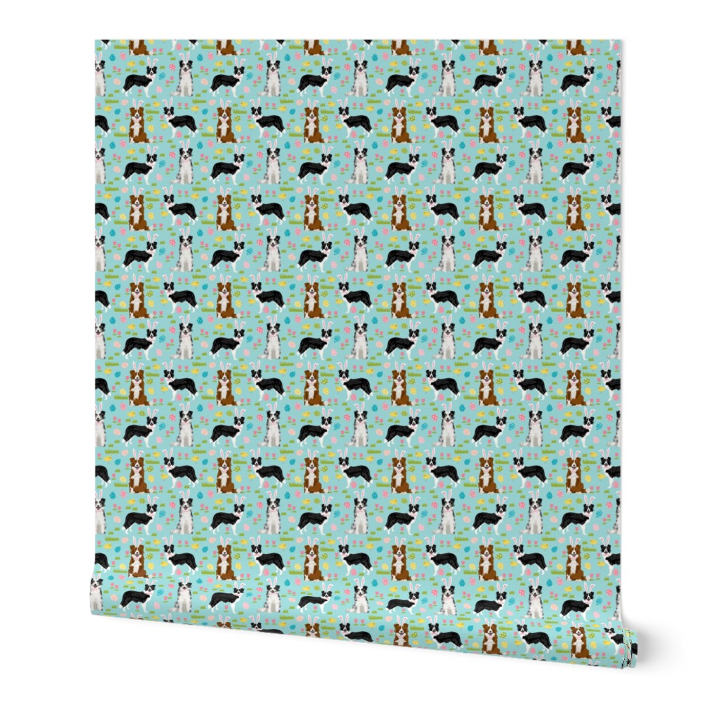 border collie spring fabric easter - mixed coats easter egg hunt, pastel, spring dogs - blue