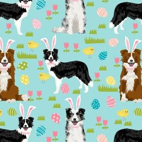 border collie spring fabric easter - mixed coats easter egg hunt, pastel, spring dogs - blue