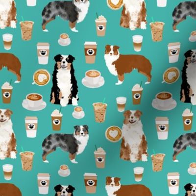 australian shepherd coffee fabric - aussie dogs mixed coats and coffees - turquoise