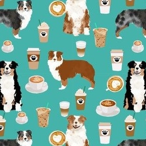 australian shepherd coffee fabric - aussie dogs mixed coats and coffees - turquoise