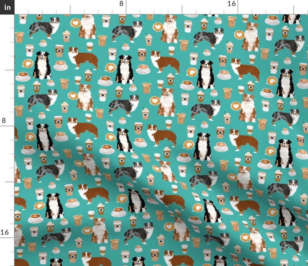 australian shepherd coffee fabric - aussie dogs mixed coats and coffees - turquoise