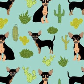 chihuahua cactus fabric - dogs and cacti black and tan chiwawa - blue