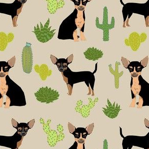 chihuahua cactus fabric - dogs and cacti black and tan chiwawa - tan