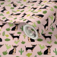 chihuahua cactus fabric - dogs and cacti black and tan chiwawa - pink