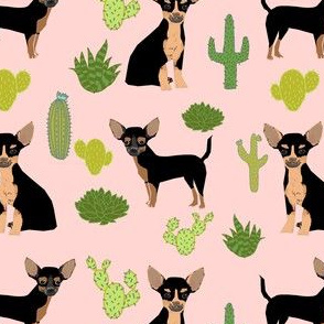 chihuahua cactus fabric - dogs and cacti black and tan chiwawa - pink
