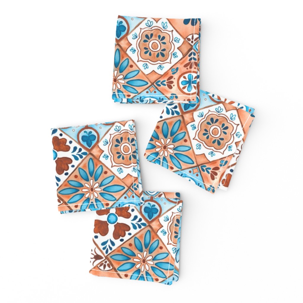 Watercolor Talavera Tiles- Blue and Brown // spanish mexican ceramic diamond tile earth tones teal terracotta fabric