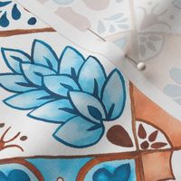 Watercolor Talavera Tiles- Blue and Brown // spanish mexican ceramic diamond tile earth tones teal terracotta fabric