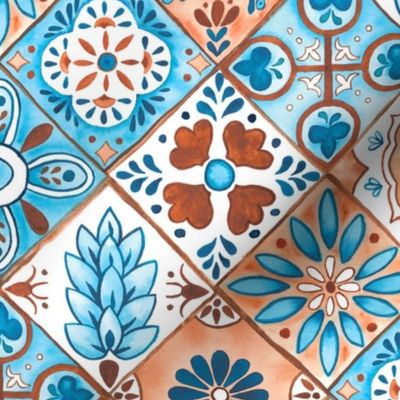 Watercolor Talavera Tiles- Blue and Brown // spanish mexican ceramic diamond tile earth tones teal terracotta fabric