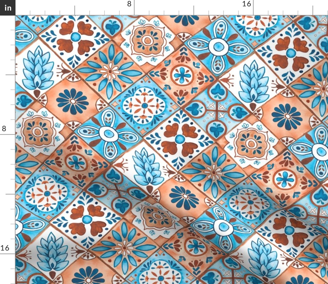 Watercolor Talavera Tiles- Blue and Brown // spanish mexican ceramic diamond tile earth tones teal terracotta fabric