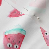 Watercolor watermelon with eyes pattern. Funny food design.