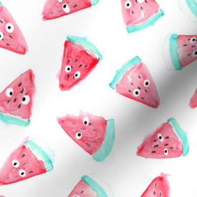 Watercolor watermelon with eyes pattern. Funny food design.