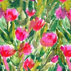 Watercolor tulips flowers fabric design. Floral aquarelle pattern.