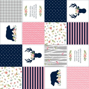 Nursery Cheater Quilt Fabric ROTATED - Bear & Deer Patchwork, Navy Pink & Gray