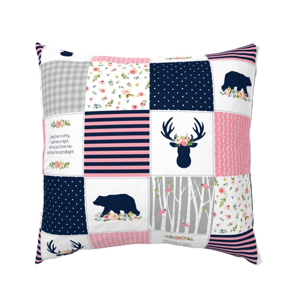 Nursery Cheater Quilt Fabric - Bear & Deer Patchwork, Navy Pink & Gray