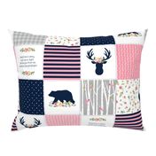 Nursery Cheater Quilt Fabric - Bear & Deer Patchwork, Navy Pink & Gray