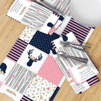 Nursery Cheater Quilt Fabric - Bear & Deer Patchwork, Navy Pink & Gray