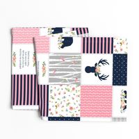 Nursery Cheater Quilt Fabric - Bear & Deer Patchwork, Navy Pink & Gray