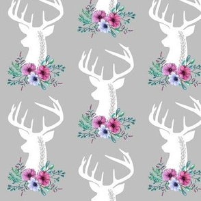 Deer + Flowers (gray) – Purple Floral White Deer Woodland Baby Girl Nursery Bedding Crib Sheets Blanket