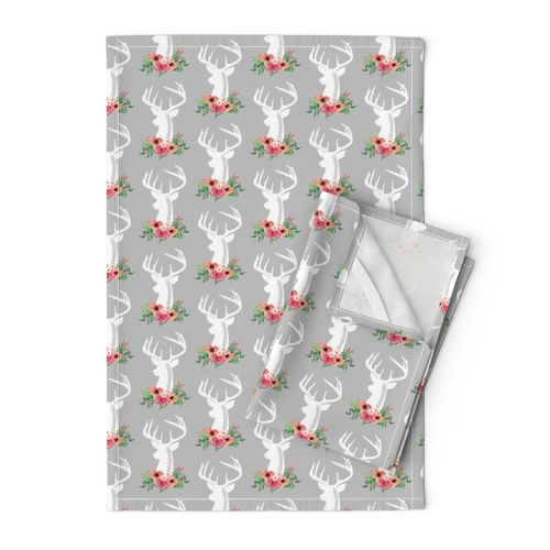 Deer + Flowers (gray) – Coral Peach Floral White Deer Woodland Baby Girl Nursery Bedding Crib Sheets Blanket