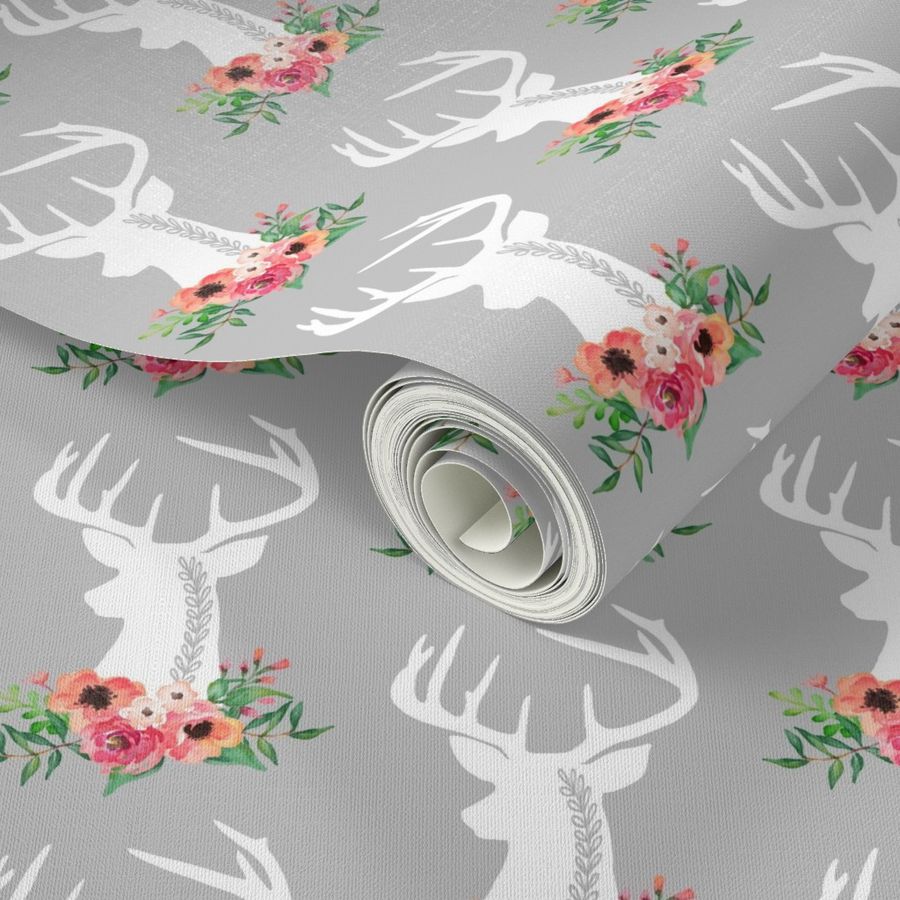 Deer + Flowers (gray) – Coral Peach Floral White Deer Woodland Baby Girl Nursery Bedding Crib Sheets Blanket