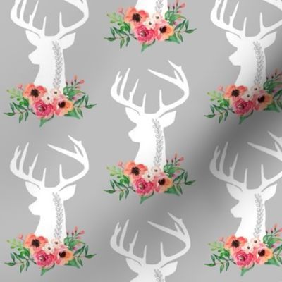 Deer + Flowers (gray) – Coral Peach Floral White Deer Woodland Baby Girl Nursery Bedding Crib Sheets Blanket