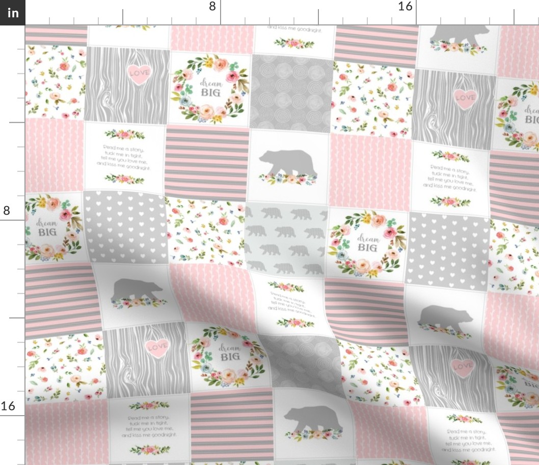 3" Bear Cheater Quilt Top - Patchwork Woodland Wholecloth Baby Blanket Fabric, Pink & Gray