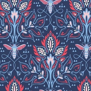 Bee Damask - Smaller navy /  red