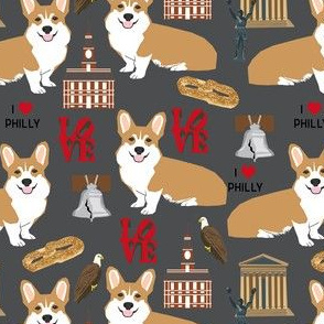 Corgi in Philadelphia fabric - corgi travel, usa, Philly, cute dogs design - charcoal