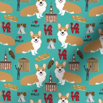 Corgi in Philadelphia fabric - corgi travel, usa, Philly, cute dogs design - turquoise