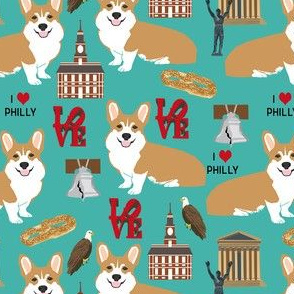 Corgi in Philadelphia fabric - corgi travel, usa, Philly, cute dogs design - turquoise