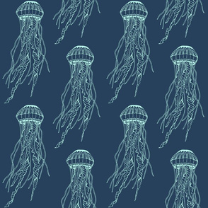 Jellyfish, Seafoam on Dark Blue 
