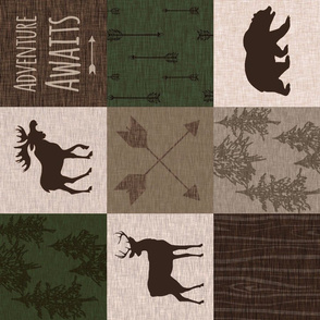 Adventure Awaits Quilt - Hunter Green and Brown - Rotated Moose, Bear, Antlers