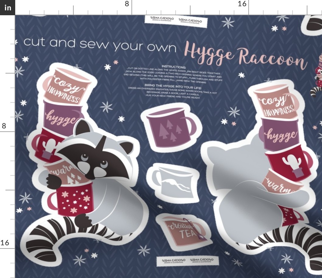 Cut and sew your own hygge raccoon with mugs // pink purple & red