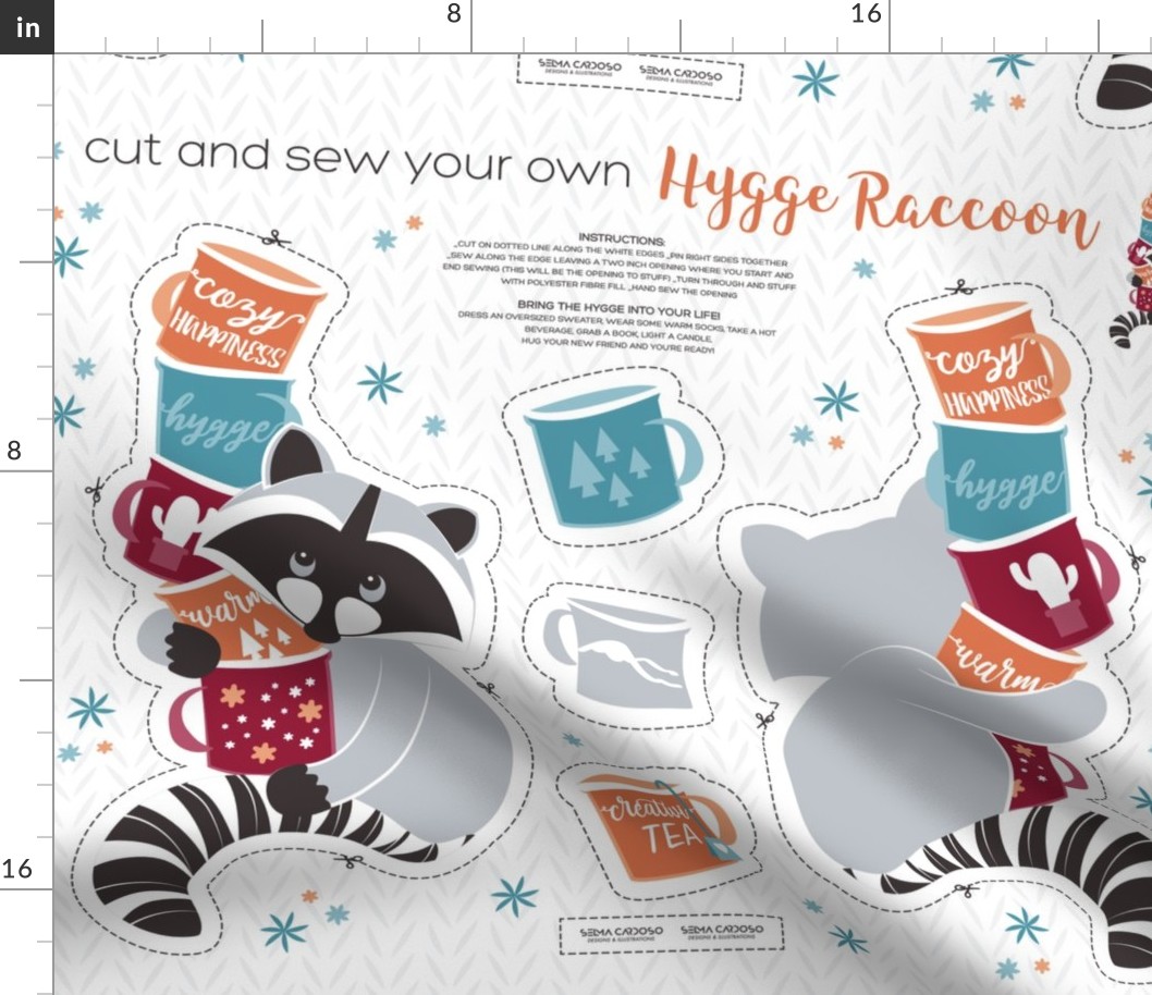 Cut and sew your own hygge raccoon with mugs // orange blue & red