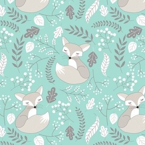 Fox - Sleepy Gray Foxes (mint) Baby Nursery Woodland Animals Kids Childrens Bedding M2