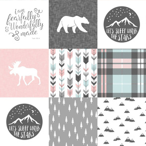 fearfully and wonderfully made - pink, grey, aviary blue - 3 color plaid patchwork fabric