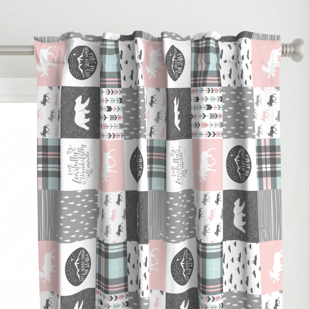 fearfully and wonderfully made - pink, grey, aviary blue - 3 color plaid patchwork fabric (90)