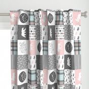 fearfully and wonderfully made - pink, grey, aviary blue - 3 color plaid patchwork fabric (90)